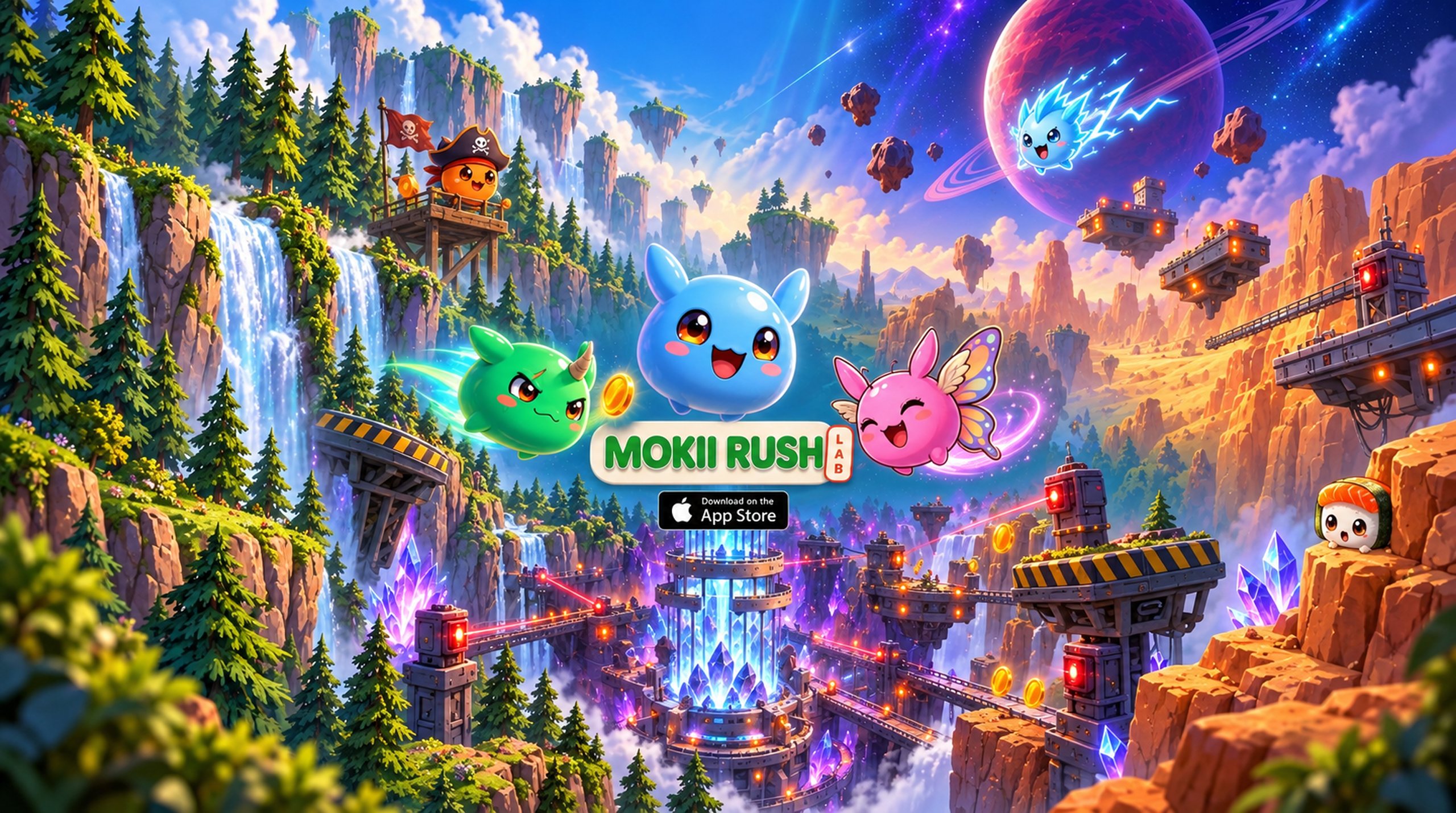 Mokii Rush key art: the Mokii racing through forest, canyon, crystal cave and lab worlds under a ringed planet